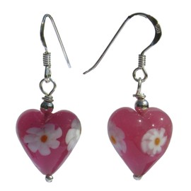 Pink MURANO Glass Heart Daisy Earrings. Sterling Silver Drops. Gift Wrapped