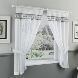 Tyrone Textiles Lucy Embroidered Heart Black Kitchen Window Set Curtain Pair with Frill Edging and Matching Tie Backs - Drop 48" (122cm)