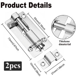 2 PCS 3" Door Lock, 3 Inch (75mm) Door Lock, Door Latch, Bedroom Door Lock, Door Bolt, Door Bolt Latch, Door Lock Bolt, Heavy Duty Door Bolts with 12 Screws, for Bathroom, Bedroom,Toilet, Shed, Shower