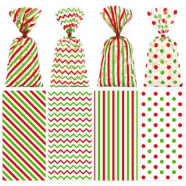 Whaline 160Pcs Christmas Cellophane Treat Bags Red Green Stripe Wave Dot Plastic Gift Bags Candy Goodie Bags with Twist Ties for Xmas Party Cookie Snack Packing