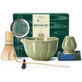 Renmxj Matcha Whisk Set,7 PCS Ceramic Matcha Kit Includes Matcha Bowl with Spout, Matcha Whisk and Holder, Bamboo Scoop, Stainless Sifter, Towel, Unique Gift for Matcha Lovers (Mottled Green)