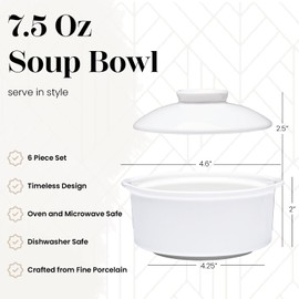 Vikko Small Soup Crocks With Lids, 7.5 Ounce White Soup Bowl with Cover, Set of 6 Soup Dishes, Dishwasher Safe, Sturdy Design