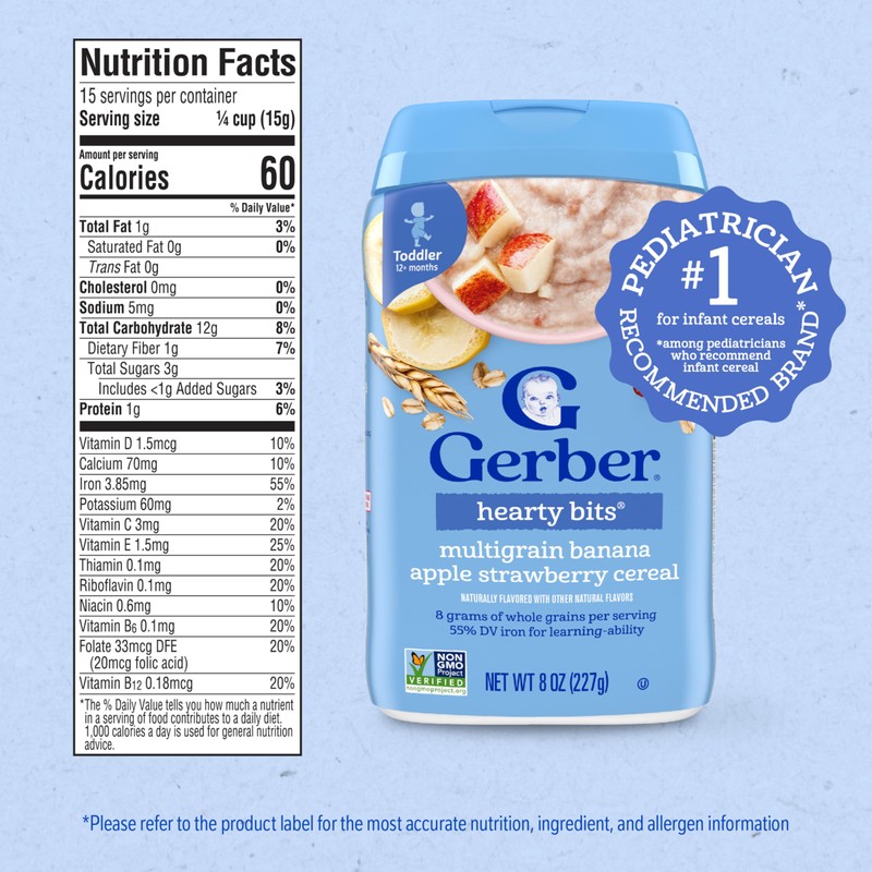Gerber Toddler Food, Multigrain Banana Apple Strawberry Cereal, 8g Whole