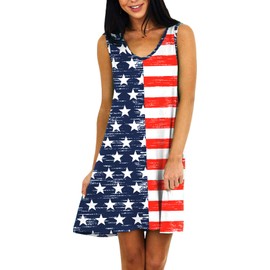 4th July Summer Dress Women V Neck Sleeveless Patriotic Tunic American Flag Beach Cover Up L