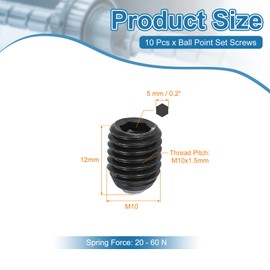 PATIKIL M10x12mm Ball Point Set Screws, 10 Pcs Carbon Steel Hex Socket Spring Plungers Grub Screw for Industrial Machine Home Furniture Workplaces, Black