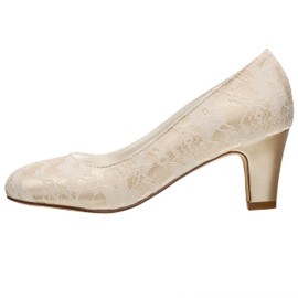 Emily Bridal 1505-1 Women's Wedding Shoes Closed Toe 2.56 Inches Chunky Heel Lace Satin Pumps Bridal Shoes (EU37/UK4, Champagne)