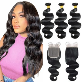 Human Hair Bundles (12 14 16+10) Body Wave Human Hair Bundles with Closure 3 Bundles with Frontal 4x4 Free Part with Baby Hair Brazilian Black Weave Bundles Human Hair 100% Unprocessed Natural Color