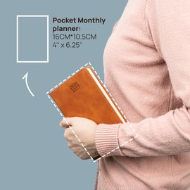 POPRUN 2 Year Month to View Pocket Diary 2026-2027 A6 Monthly Planner (24 Months: Jan'26 - Dec'27) 100 gsm Paper, 4 Pages per Month, 144 Pages, PU Leather Hardback (Soft Pink）