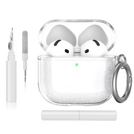 T Tersely Crystal Clear Case Cover with Cleaner Kit for AirPods 4(2024) - Premium Silicone TPU with Keychain Hook, Supports Wireless Charging, Shockproof Protection (Glitter Transparency)