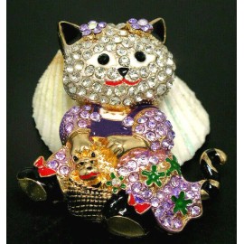 Betsey Johnson Playful Kitty CAT Picnic BASKET Rhinestone Necklace Pendant Brooch Purple Betsey