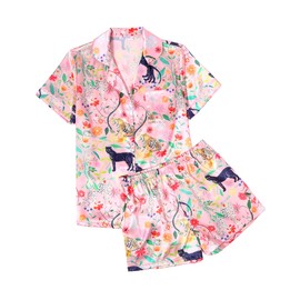 Ekouaer Silk Satin Pajamas 2 Piece Pajamas for Women Set Button Down PJ Short Sleeve and Shorts Pjs Lounge Sets Pink Tiger S