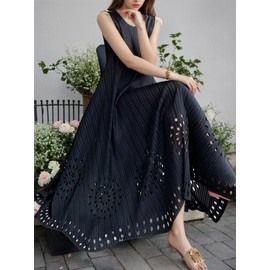 Shangeek Black Summer Midi Dress for Women Round Neck Sleeveless Wrinkle-Free One Size Casual Outfits