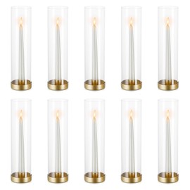 NUPTIO Hurricane Glass Candlestick Holders: 10 Set Bulk Gold Taper Candle Holder Metal Candle Stick Stand with 11.81 inch Tall Windproof Clear Seelves for Outdoor & Indoor Wedding Party Holiday Decor