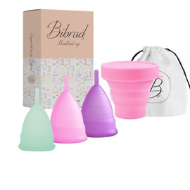Bibrad Menstruationstasse - 3 Menstruationstassen der Größen S, M und L, Sterilisator und Baumwolltragetasche - 100% weiches medizinisches Silikon, waschbar und wiederverwendbar (S-M-L CUP)