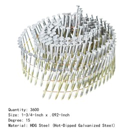 marddpair 1-3/4-Inch x .092-Inch Siding Nails 15-Degree Collated Wire Coil Full RoundHead Ring Shank Hot-Dipped Galvanized 3600 Count for Rough Nailing of Lathing and Sheathing Materials