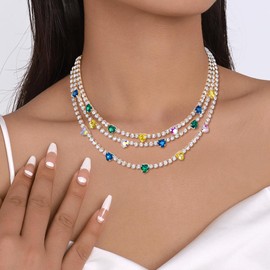 Ever Faith Sparkly Crystal Layered Choker Necklaces, Fashion Heart Statement 3 Strand Collar Necklace with Stud Earrings Colorful Costume Jewelry Gifts for Women