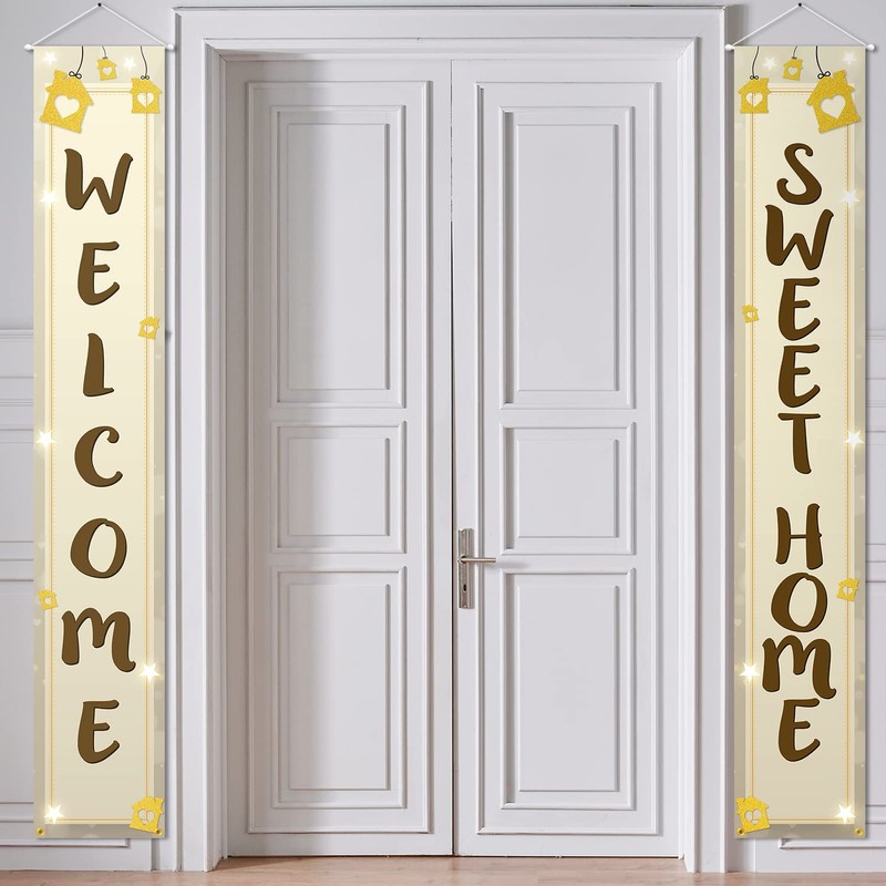 Welcome Sweet Home Porch Sign Door Banner Decor Gold Glitter