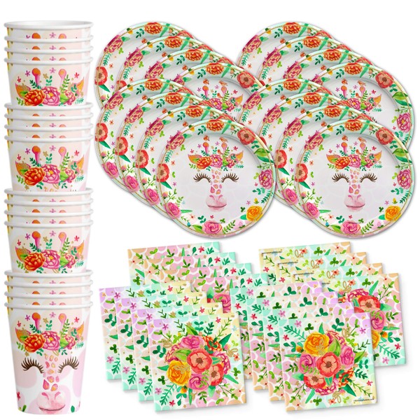 Giraffe Floral Birthday Party Supplies - Giraffe Party Supplies - Zoo Animal Party Supplies - Safari Animal Party Supplies | Tableware Set Includes Plates Napkins and Cups | Kit for 16