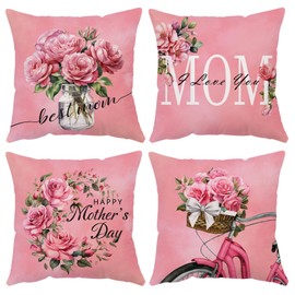 Neatee Living Mothers Day Pillow Covers 18x18 Set of 4 Velvet Mom Throw Pillow Covers Pink Rose Flower Floral Cushion Covers Pillow Case Gift for Mother Mom Birthday Home Outdoor Sofa Decoration (18)