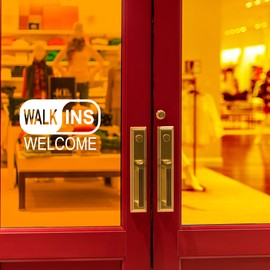 Walk-Ins Welcome Sign Vinyl Sticker 8"x5" for Window, Desk, Door, Signs Business Removable Easy to Clean Waterproof Decal 4 Pack - Sweetums Signatures