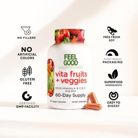 FeelGood Superfoods Vita Fruits and Veggies Capsules - 25 Superfood Ingredients, Fruit and Vegetable Multivitamin, 60 Count - For men and women - Vitamins A, C, D, E, B and Zinc