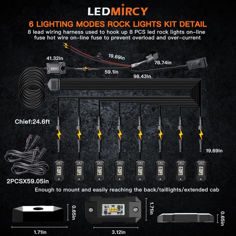 LEDMIRCY Switchback LED Rock Lights Kit White/Amber Strobe with Wiring