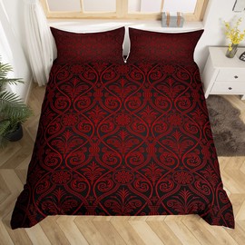 Red Black Ombre Gothic Bedding Set Double For Boys Vintage Goth Floral Damask Duvet Cover Antique Victorian Baroque Comforter Cover Hotel Luxury Bed Cover Bohemian Exotic Bedroom Decor 2 Pillow Cases