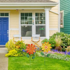 YEAHOME Garden Decor for Outside, Set of 2 Metal Flowers 23.6” Decorative Garden Stakes for Spring Decor, Yard Art Flower Stakes for Outdoor Lawn Backyard Porch Garden Decorations (Orange, Yellow)