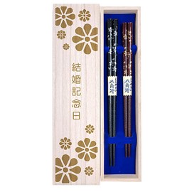 Couple Chopsticks Octagonal Sakura Black Red Dishwasher Safe Design Paulownia Box with Wrapping for Wedding Anniversary Gift Parents (Paulownia Box Design 2)