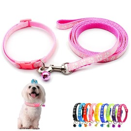 Juego de collar de perro rosa con correa de campana, collar de gato con cuello de campana para cachorro, hebilla de nailon suave ajustable para XXS XSmall Extra Small Boy Girl Pets Mujer Kitten Yorkie