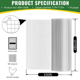 Black Hardware Cloth 48''x50' 1/2 Inch 16 Gauge Vinyl Coated Welded Wire Mesh Roll PVC Hardware Cloth Chicken Wire Fencing for Garden Fence and Home Improvement Project