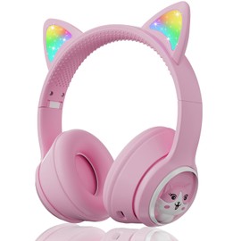 Woukksy Bluetooth Kopfhörer Kinder, Faltbar 85dB Mädchen Kopfhörer Over Ear, Kabellos Kinderkopfhörer mit LED-licht Katzenohren und Mikrofon für Schule/Tablet/Handy/PC (Rosa)