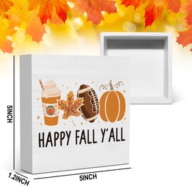 Autumn Decorations Happy Fall Y'all Thanksgiving Gift Pumpkin Football Coffee Wood Square Sign Desk Block Signs Home Shelf Office Decoration 5 x 5 Inches Tub1904