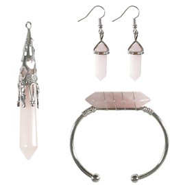Healing Crystal Natural Rose Quartz Crystal Hexagonal Prism Pendant Set-Pink Crystal Open Bracelet Long Earrings and Necklace for Yoga Reiki Meditation
