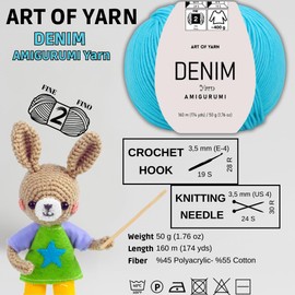 Art of Yarn Denim 55% Cotton, 45% Poliacrylic, 50g(1.76 Oz), 160m(174 Yds) Soft & Smooth Yarn Sport – Fine(2) for Crocheting, Knitting, Amigurumi, Baby Blankets, Baby Garments & More –1 Skein 99933