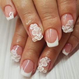 Handmade Press on Nails Extra Short Square MABKJLF White French Tip Fake Nails Embossed Flower False Nails with Floral Designs Full Cover Glossy Glue on Nails Acrylic Nails for Women Girls 24 Pcs