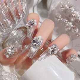 Handmade Nail Tip, Oval, Medium, Long, False Nails, Rhinestones, Popular, Cute, Simple, Fashion, 24 Pieces, Japanese Style, Bride Nails, Shiny, Wedding Nail Tip, Suitable for Various Nail Sizes