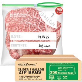 BEIDOU-PAC Slider Gallon Food Storage Freezer Bags with Stand-Up Bottom, 250 Count | 2 Mil |10.5 IN X 9.3 IN X 2.7 IN, Freshness Easy Open Reclosable Clear Plastic Bags (Slider-gallon-250count)