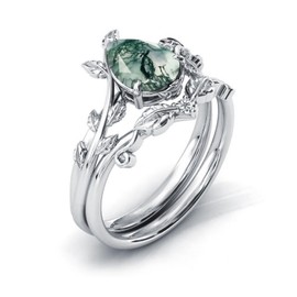 Natural Moss Agate Ring 925 Sterling Silver Green Teardrop Moss Agate Ring Set Promise Ring Engagement Wedding Jewelry Gift for Women #10