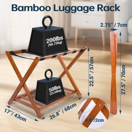 Whitmor Bamboo Luggage Rack with Bottom Shelf, Foldable Suitcase Stand, Heavy Duty Storage Shelf, 5 Nylon Straps & X-shaped Frame, Fully Assembled Walnut Luggage Holder for Guest Room, Bedroom, Hotel