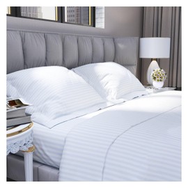 King Sheets Set Deep Pocket Silky Cooling Breathable Bed Sheet Set with 2 Pillow Cases 1 Flat, 1 Fitted Sheet, 4 Pc Set Standard King Size Luxurious Microfiber Damask Stripe Bright White by Quilted