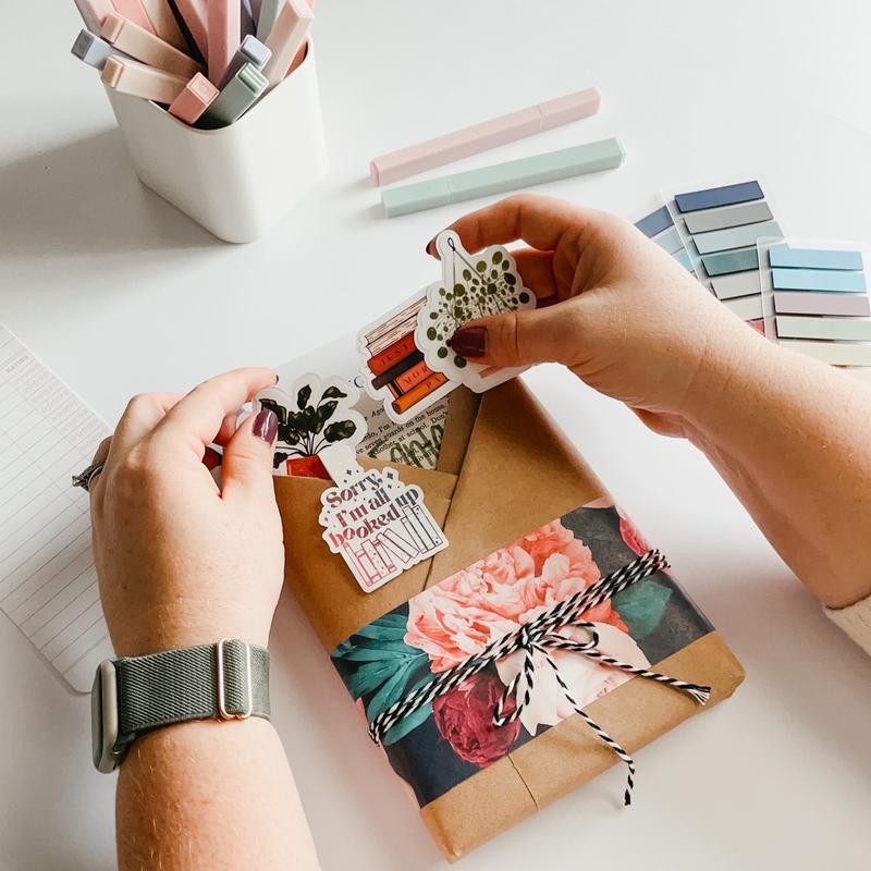Blind date with a book with stickers, handmade magnetic bookmark,