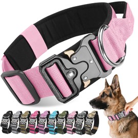 Tactical Dog Collar, Adjustable Heavy Duty Wide Thick Dog Collars with Quick Release Buckle, Soft Padded and Comfortable Pet Collar for Small Medium Large Boys Girls Dogs (Pink, L)