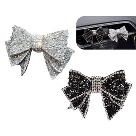 Zeathery 2 PCS Car Vent Butterfly Bow Clip, Mini Bow Decoration for Vehicles Offices Restaurants Cafes, Bling Diamond Vehicle Vent Clip Decorations, for Most Cars, Trucks, SUVs (Black & White)