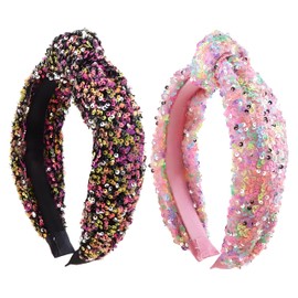 SOXUI 2Pcs Sequin Knot Headband for Girls – Sparkly Rainbow Iridescent Hair Bands for Kids, Party Headwear, Cute Pink and Black Knotted Headbands for Women and Girls