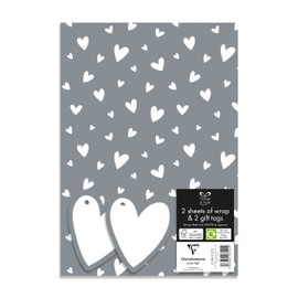 Eurowrap Silver and White Heart Gift Wrap Paper Weddings Love Valetines Day Birthday Occassions 2 Sheets & 2 Gift Tags 50cm x 70cm