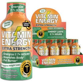Vitamin Energy Extra Strength Energy Drink Shots | Natural Nutrients to Energize & Support Immune System | Sugar- & Carb-Free | Immunity Formula | up to 7+ Hours | Mango - 1.93 fl oz - Pack of 12