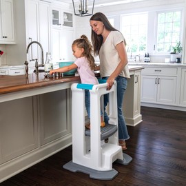 Simplay3 Toddler Tower Montessori Standing Kitchen Step Stool with Sturdy Stabilizing Base and Adjustable Platform, 20.5" D x 26" W x 34.5" H, Ages 18 Months to 5 Years, White