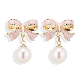 Pink Bow Earrings for Women Pearl Bow Earrings Dangle Bowknot Earrings Pearl Drop Earrings Trendy Jewelry Gifts