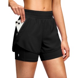 Soothfeel - Pantalones cortos deportivos para correr 2 en 1 para mujer con bolsillo con cierre de 5 pulgadas, cintura alta para gimnasio, entrenamiento, tenis para mujer, Negro -, Small